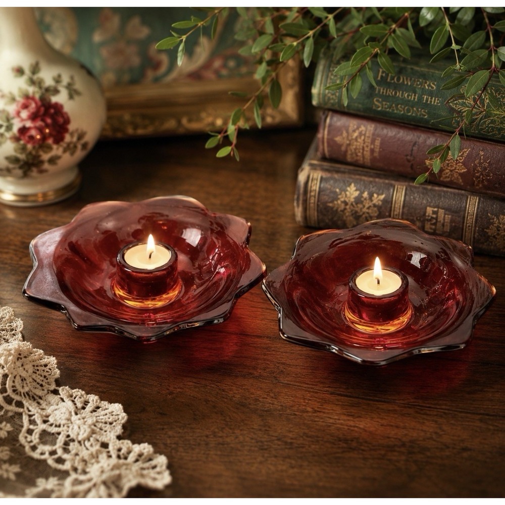 Vintage Amberina Lotus Glass Candle Holders Pair 5" Red Orange Fenton? 3 Footed